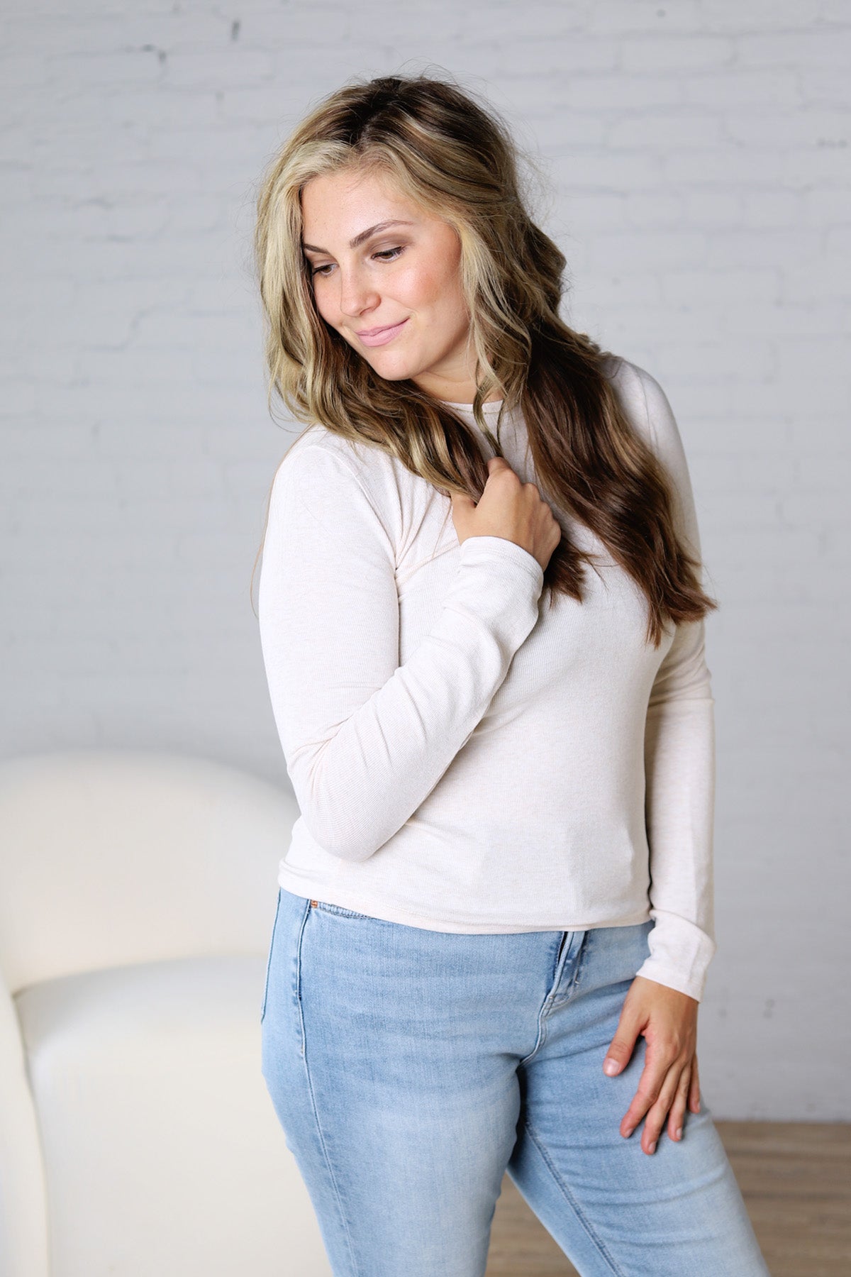 Sylvia Ribbed Crewneck Basic Top - Oatmeal