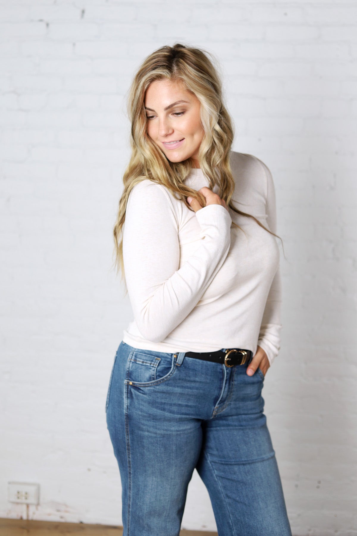 Sylvia Ribbed Crewneck Basic Top - Oatmeal