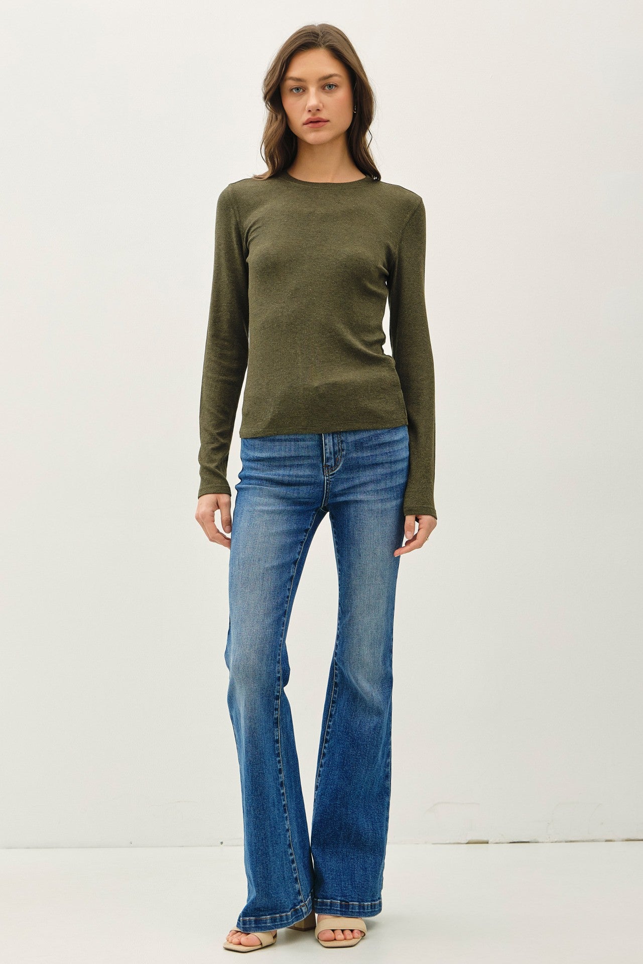 Sylvia Ribbed Crewneck Basic Top - Winter Forest