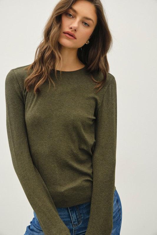 Sylvia Ribbed Crewneck Basic Top - Winter Forest
