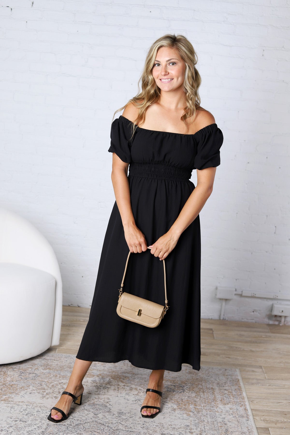 Taisley Smocked Waist Balloon Sleeve Midi Dress - Black