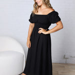 Taisley Smocked Waist Balloon Sleeve Midi Dress - Black - FINAL SALE
