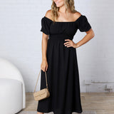 Taisley Smocked Waist Balloon Sleeve Midi Dress - Black - FINAL SALE