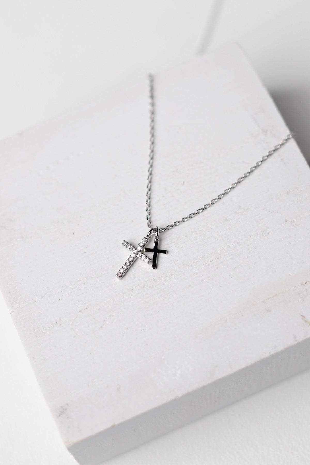 Talia Cz Pave Double Cross Pendant Necklace - Silver