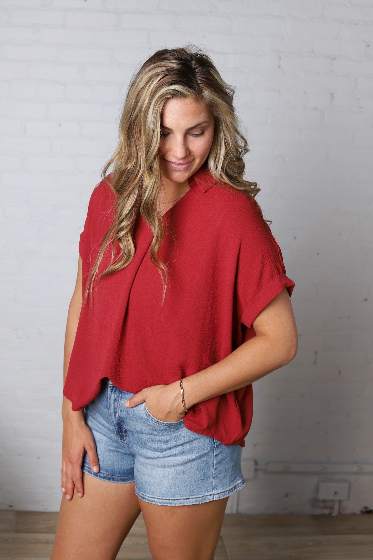 Tamsyn Drop Shoulder Collared Blouse - Brick FINAL SALE