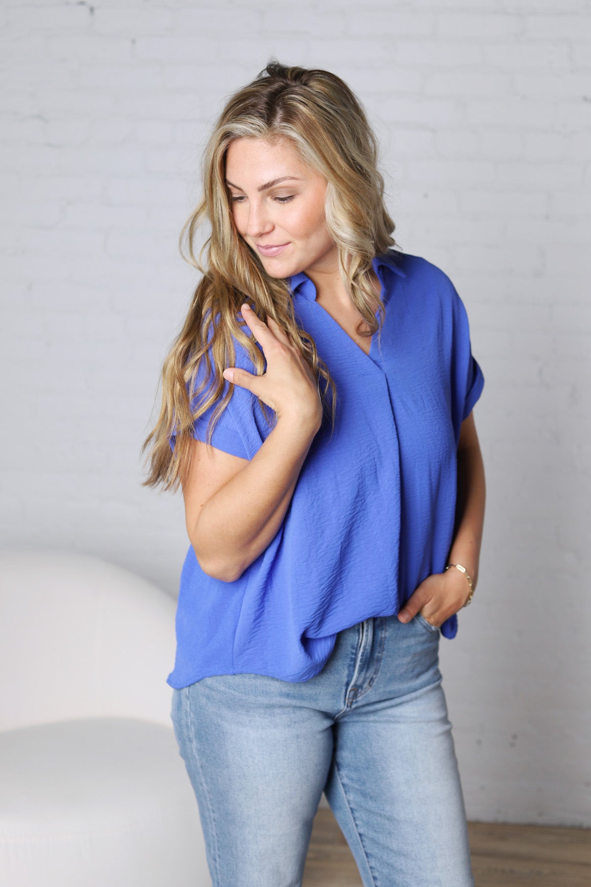 Tamsyn Drop Shoulder Collared Blouse - Cobalt Blue