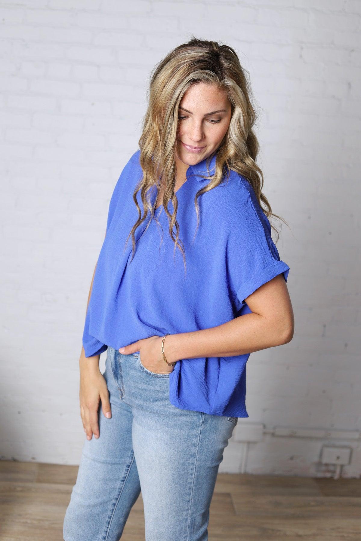 Tamsyn Drop Shoulder Collared Blouse - Cobalt Blue