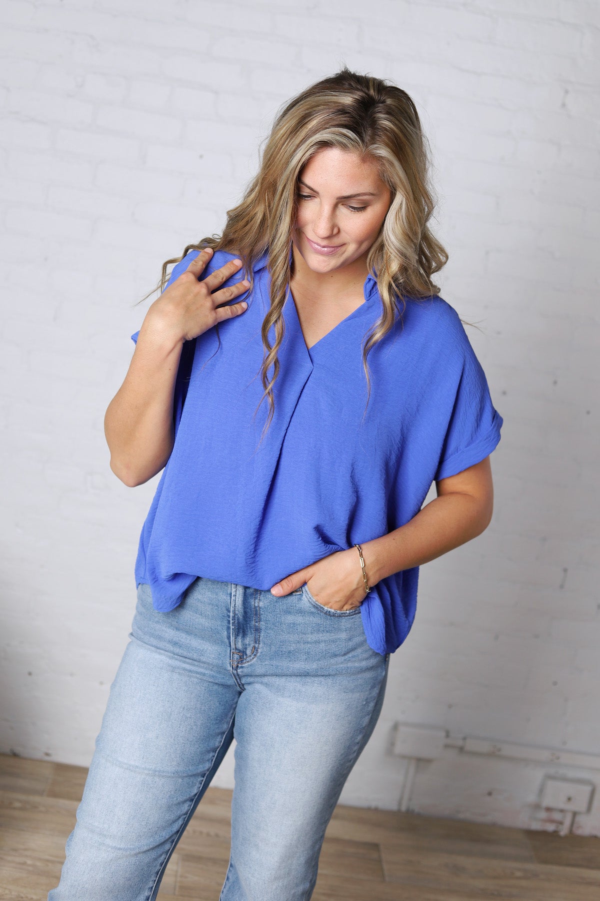 Tamsyn Drop Shoulder Collared Blouse - Cobalt Blue
