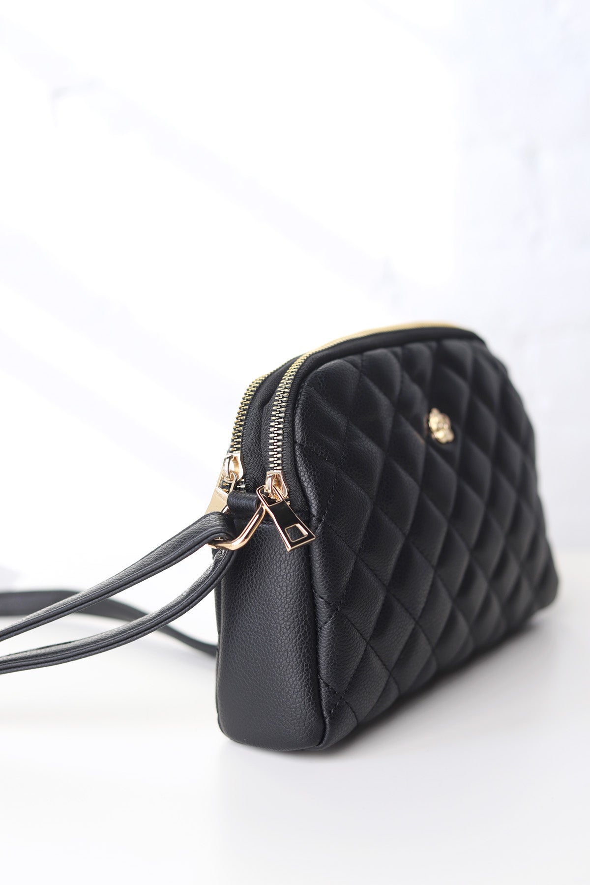 Tanya Crossbody with Quilted Pattern and Metal Flower Detail - Black