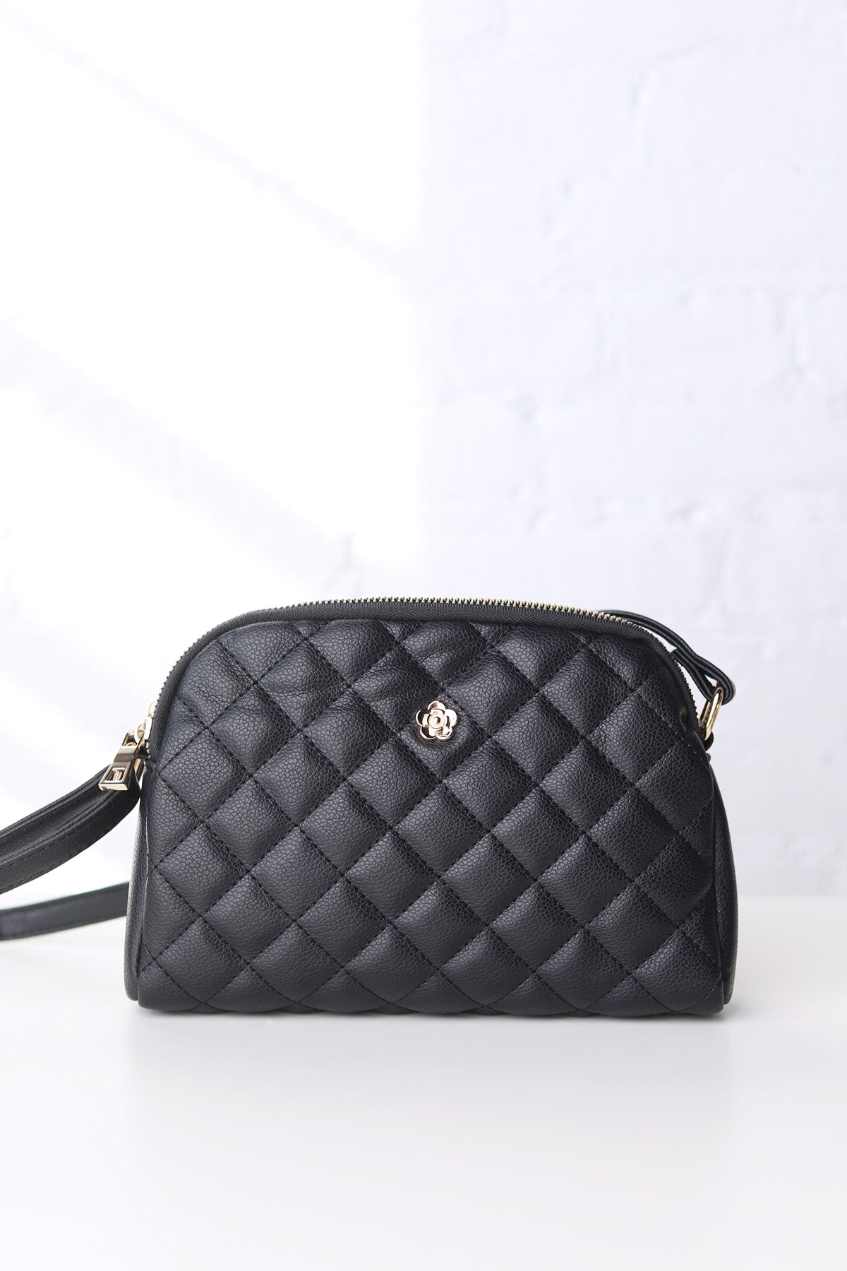 Tanya Crossbody with Quilted Pattern and Metal Flower Detail - Black