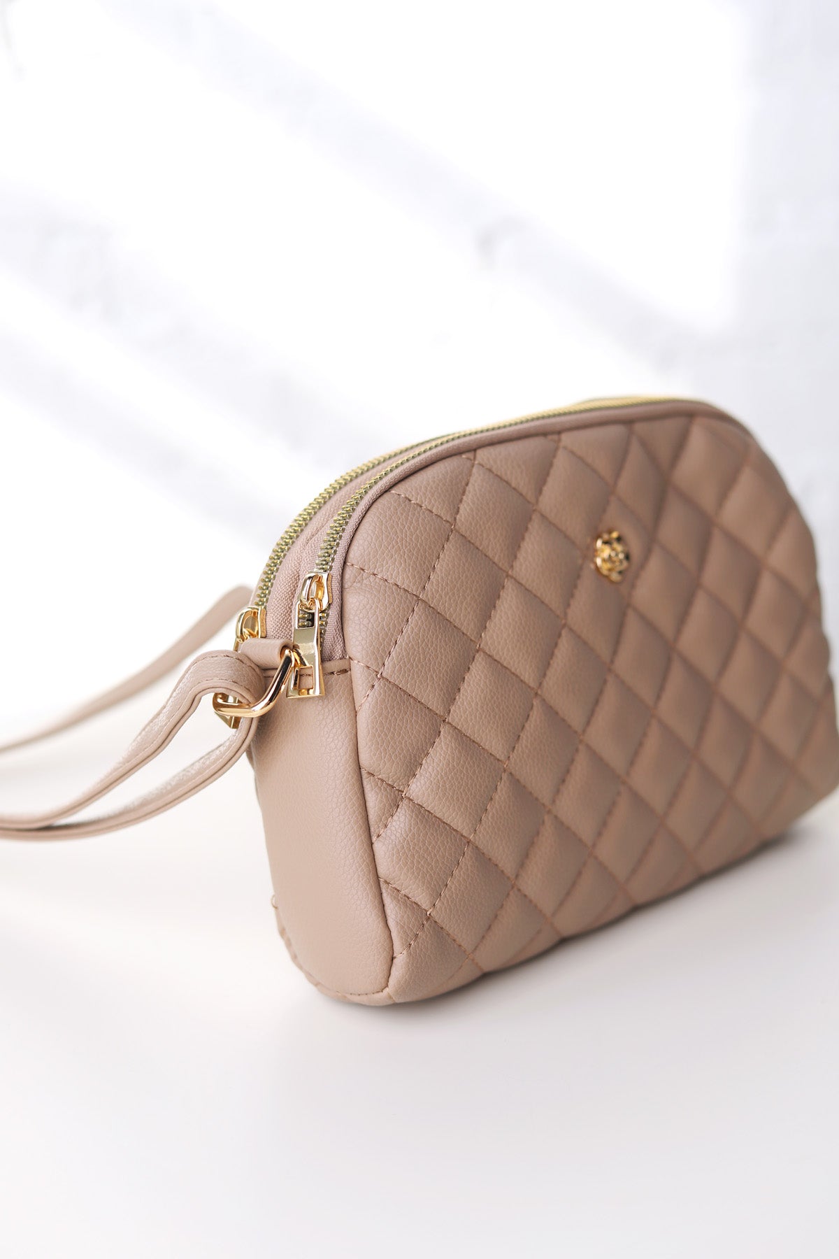 Tanya Crossbody with Quilted Pattern and Metal Flower Detail - Light Taupe