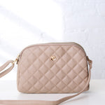 Tanya Crossbody with Quilted Pattern and Metal Flower Detail - Light Taupe