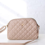 Tanya Crossbody with Quilted Pattern and Metal Flower Detail - Light Taupe