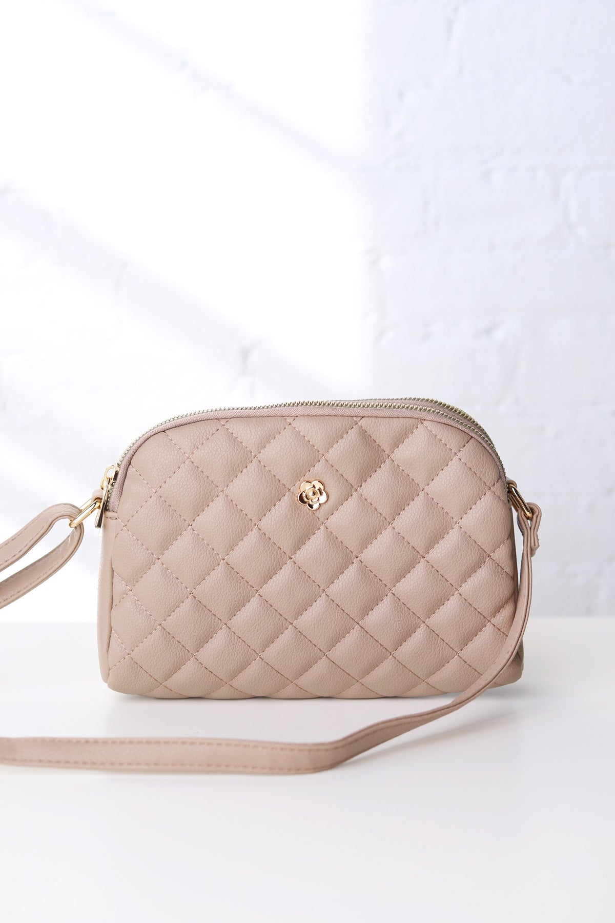 Tanya Crossbody with Quilted Pattern and Metal Flower Detail - Light Taupe