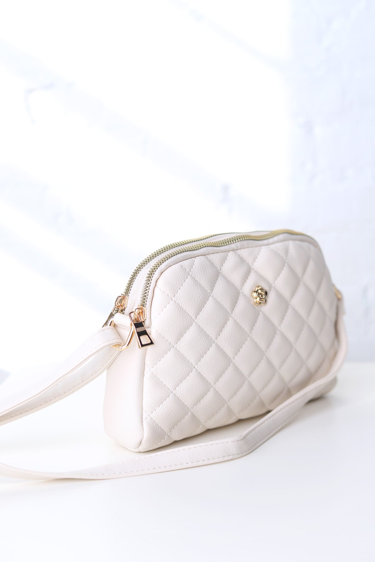 Tanya Crossbody with Quilted Pattern and Metal Flower Detail - Off White
