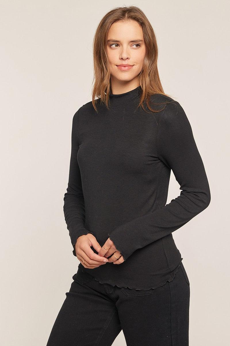 Tayce Mock Neck Ribbed Knit Top - Black