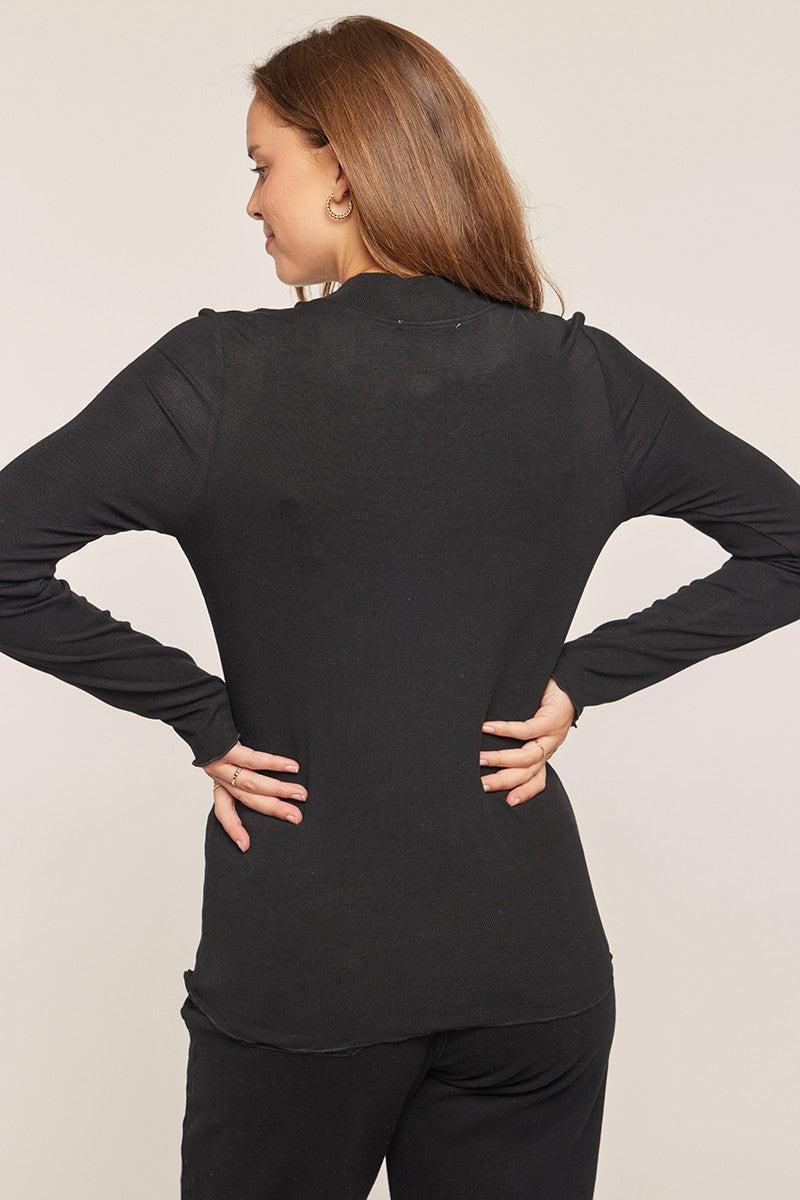 Tayce Mock Neck Ribbed Knit Top - Black