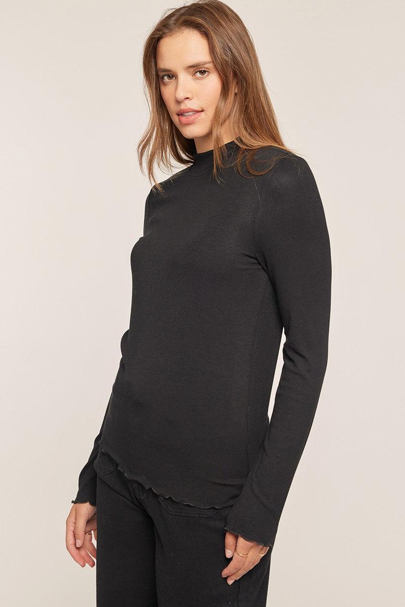 Tayce Mock Neck Ribbed Knit Top - Black