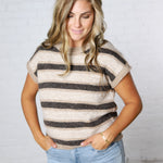 Teddy Stripe Short Sleeve Raw Edge Knit Sweater - Dk Brown