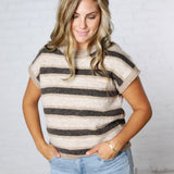 Teddy Stripe Short Sleeve Raw Edge Knit Sweater - Dk Brown