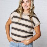 Teddy Stripe Short Sleeve Raw Edge Knit Sweater - Dk Brown