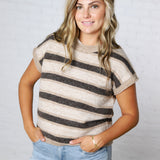 Teddy Stripe Short Sleeve Raw Edge Knit Sweater - Dk Brown