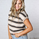 Teddy Stripe Short Sleeve Raw Edge Knit Sweater - Dk Brown