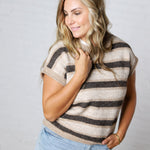 Teddy Stripe Short Sleeve Raw Edge Knit Sweater - Dk Brown