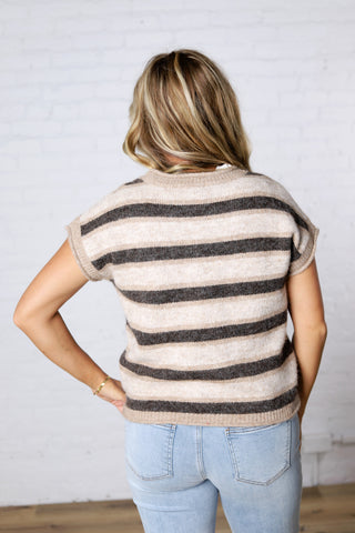 Teddy Stripe Short Sleeve Raw Edge Knit Sweater - Dk Brown