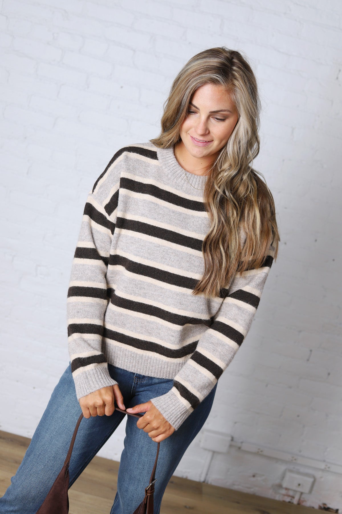 The Montgomery Sweater - Grey Brown Stripe