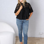 Thea Lace Ruffled Swing Top - Black