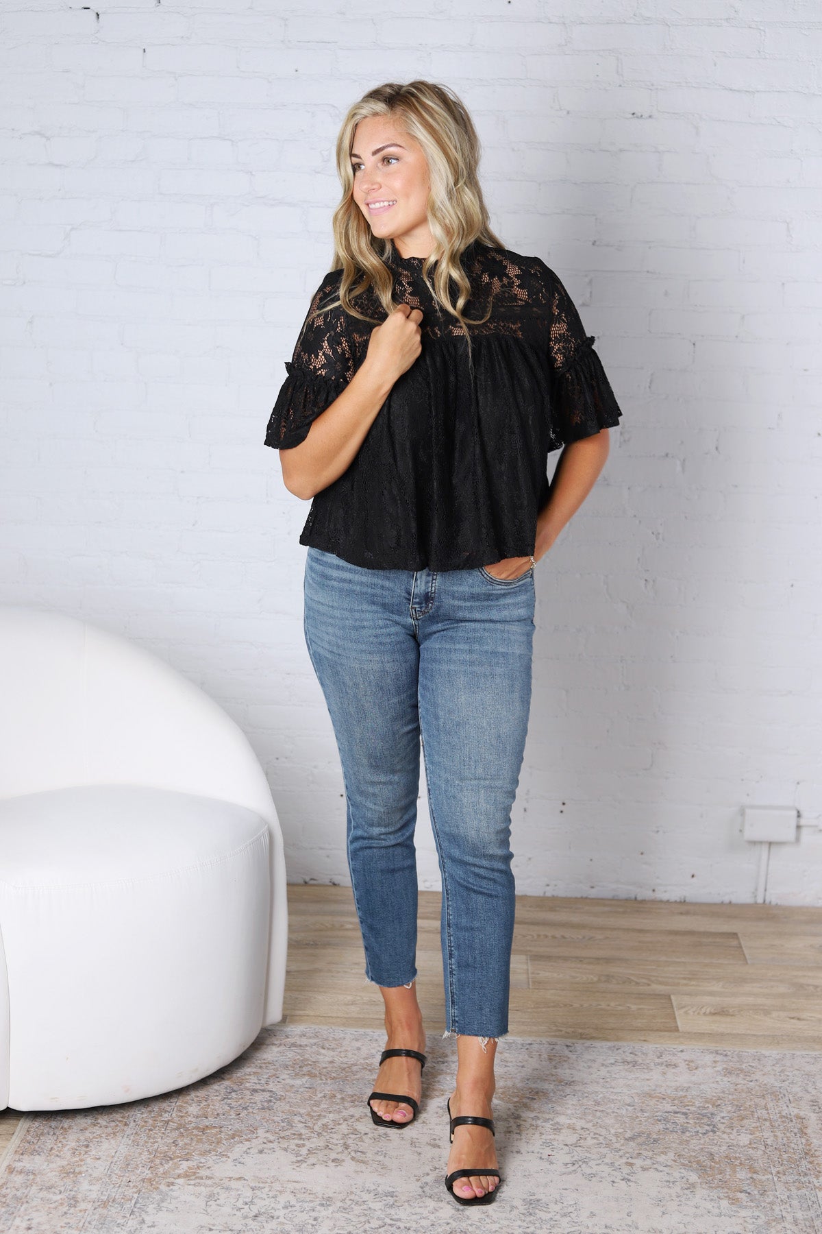 Thea Lace Ruffled Swing Top - Black