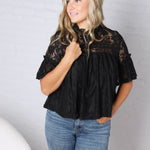 Thea Lace Ruffled Swing Top - Black