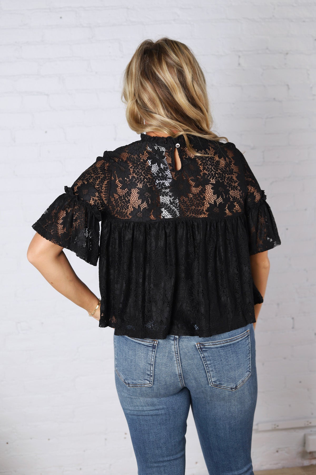 Thea Lace Ruffled Swing Top - Black