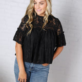 Thea Lace Ruffled Swing Top - Black