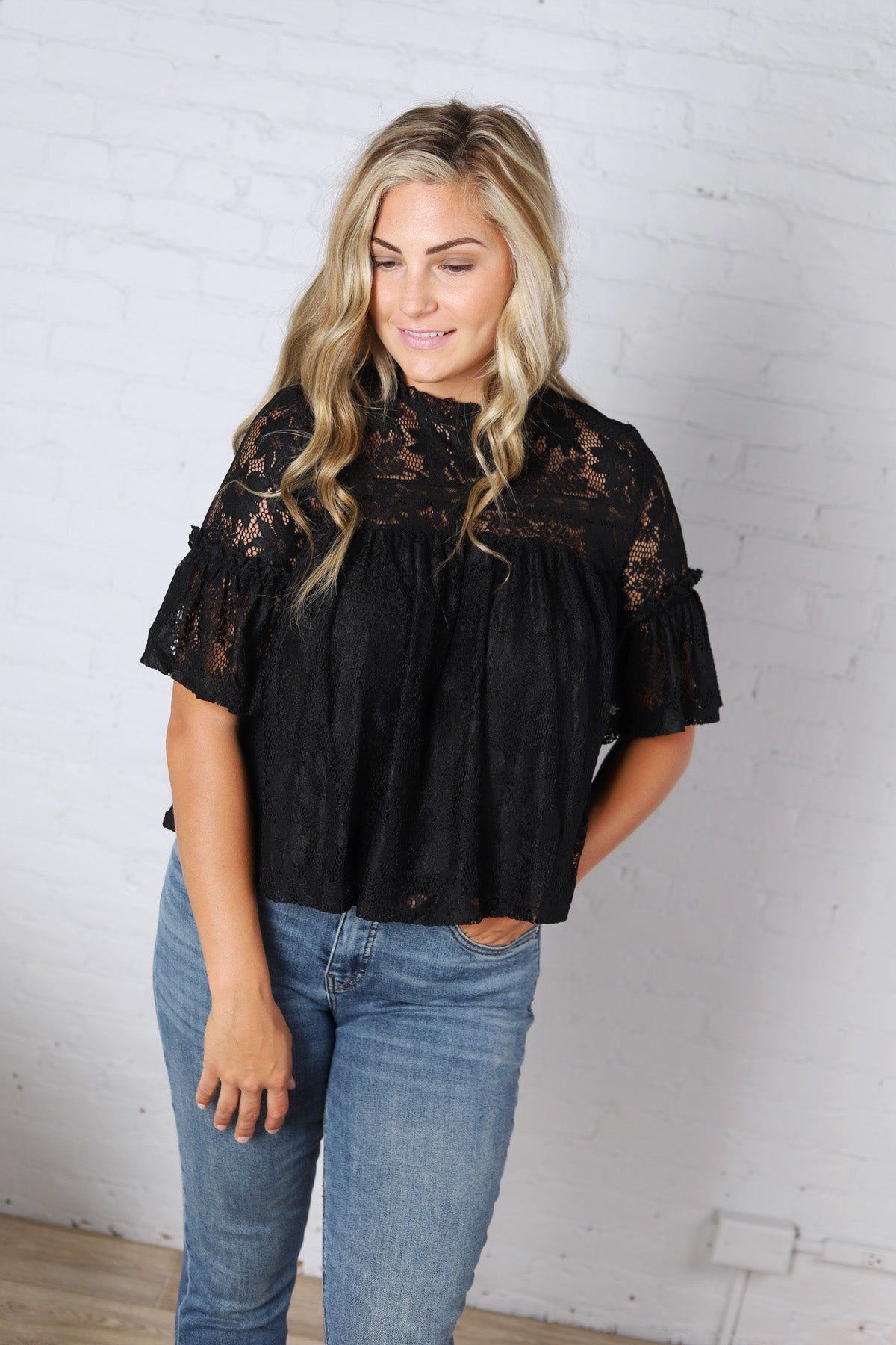Thea Lace Ruffled Swing Top - Black