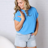 Thea Roll-Up Sleeve Blouse - Cobalt