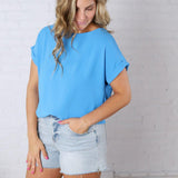 Thea Roll-Up Sleeve Blouse - Cobalt
