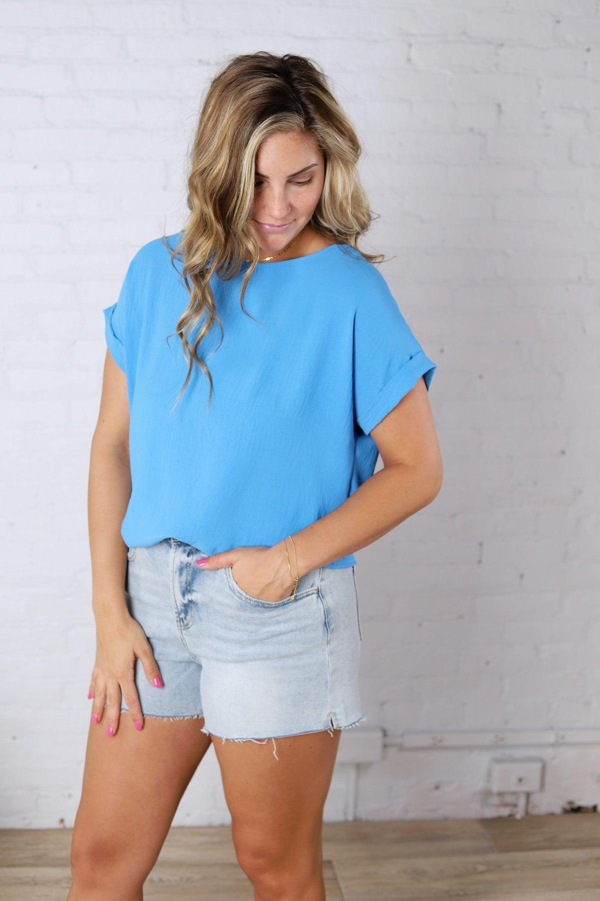 Thea Roll-Up Sleeve Blouse - Cobalt