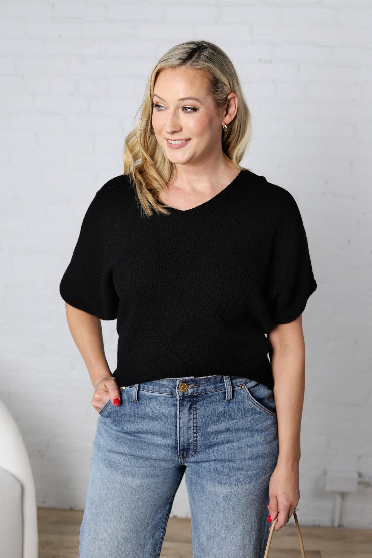 Tiana V Neck Short Sleeve Dolman Sweater - Black