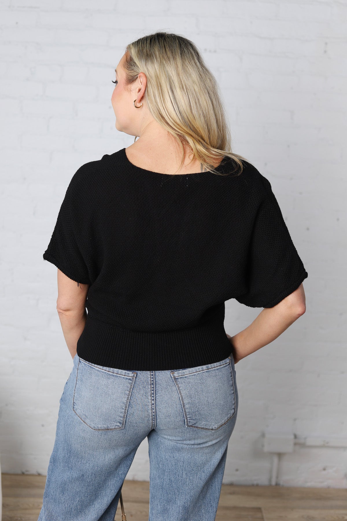 Tiana V Neck Short Sleeve Dolman Sweater - Black