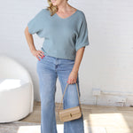 Tiana V Neck Short Sleeve Dolman Sweater - Blue Grey