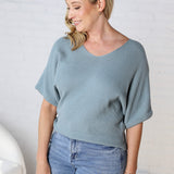 Tiana V Neck Short Sleeve Dolman Sweater - Blue Grey