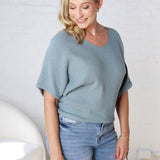 Tiana V Neck Short Sleeve Dolman Sweater - Blue Grey