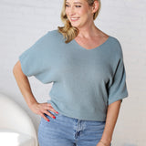 Tiana V Neck Short Sleeve Dolman Sweater - Blue Grey