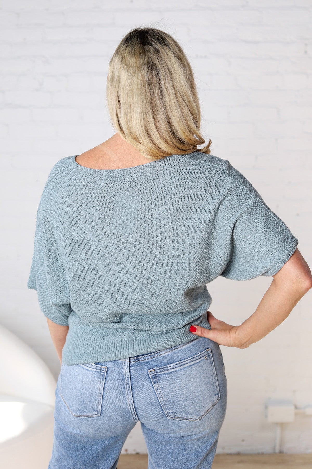 Tiana V Neck Short Sleeve Dolman Sweater - Blue Grey