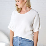 Tiana V Neck Short Sleeve Dolman Sweater - Off White