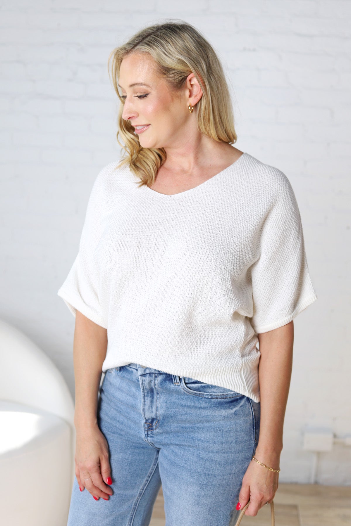 Tiana V Neck Short Sleeve Dolman Sweater - Off White