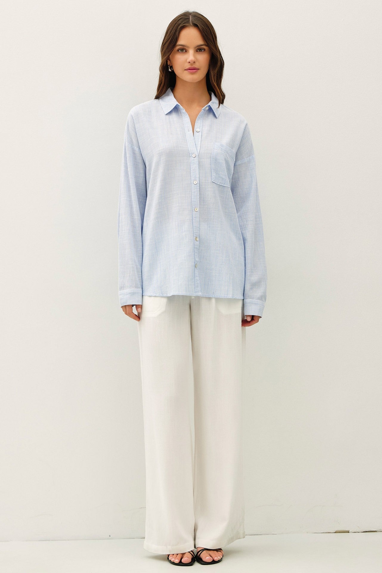 Tilda Hairline Stripe Button Down Shirt - Chambray