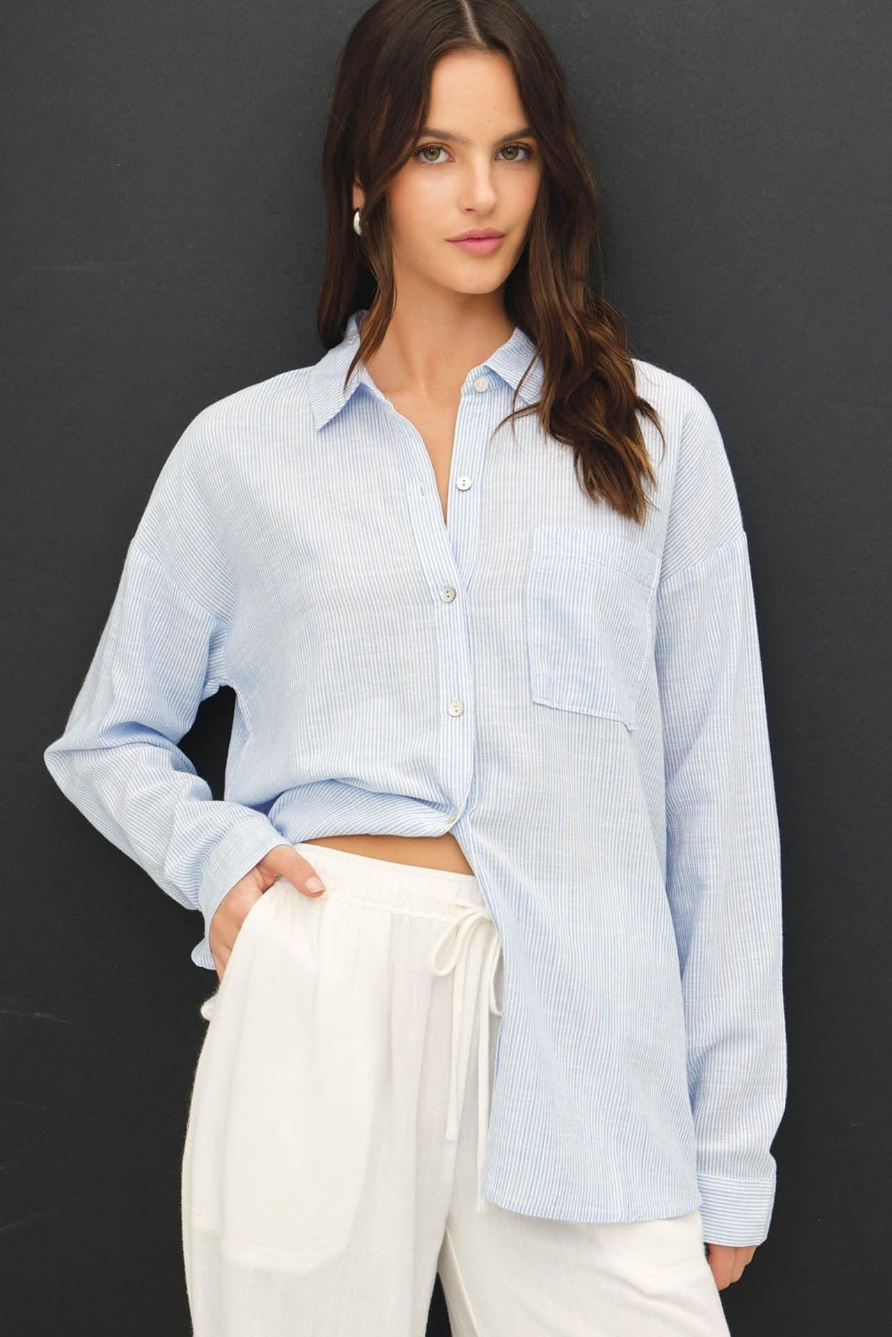Tilda Hairline Stripe Button Down Shirt - Chambray